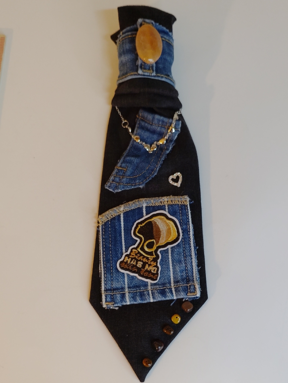 Black Denim Patch Decorative Tie with Amber Accent
